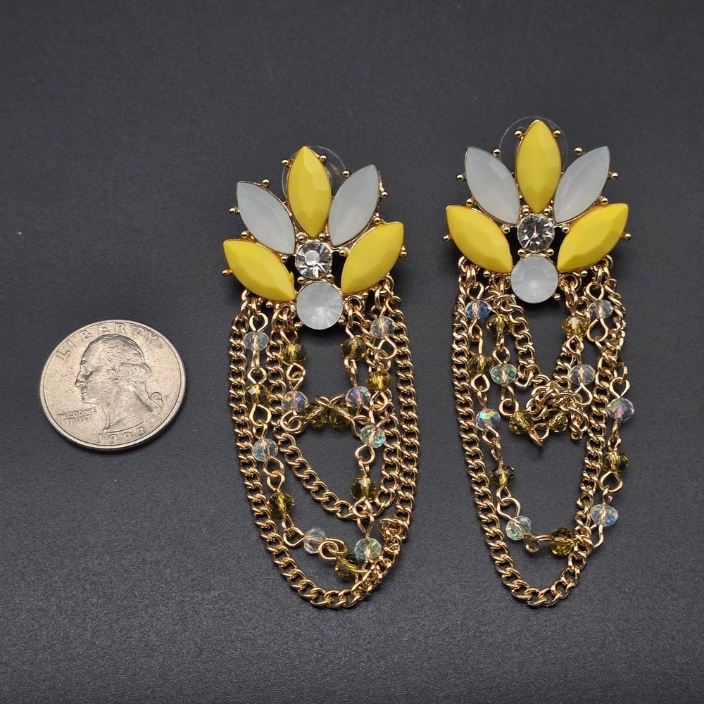 Yellow Rhinestone Chain Earrings Dangle Flower - Picture 5 of 8